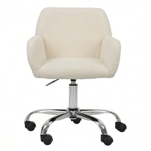HengMing Home Office Chair With Soft Faux Fur Cover, Height-Adjustable Swivel Vanity And Desk Chair For Bedroom With Fluffy Upholstery - White - View 1