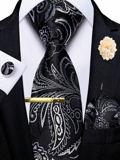 5Pcs Men Black White Paisley Jacquard Tie Pocket Square Cufflinks Boutonniere Tie Clip Set, Random Cufflink Pattern, Suit Accessories For Wedding