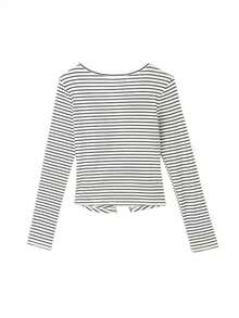 White With Black Stripes 2 In 1 Long Sleeve T-Shirt, Korean Style Slim Fit High-End Flattering Short Top - White - View 2