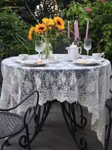 White Vintage Floral Lace Round Tablecloth, Rectangular Polyester Tablecloth, Exquisite Lace And Edge Stitching Craftsmanship, Translucent Lace Tulle Texture, Suitable For Wedding, Pre-Wedding Party, Garden Tea Party And Home Dining Table Decoration In Rustic Bohemian Style, Also Applicable For Thanksgiving, New Year, Coffee Table, Banquet, Hawaiian Theme - 1PC - View 7