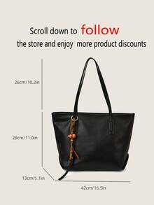 1pc Vintage Large Capacity Commuter Tote Bag, Zipper Closure, Pendant Decoration, Suitable For Daily Outing, Dating, Commuting - Black - View 3