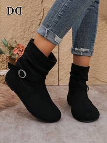 Round Toe Loose Ankle Boots, Metal Buckle Flat Slip-On Fashion Shoes, Suitable For Daily, Dating, Party Occasions - Black - View 2