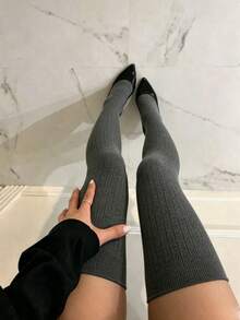 3 pares de calcetines altos de muslo acanalados de color sólido, suaves y elásticos, calcetines largos de invierno por encima de la rodilla para mujeres - Multicolor - Ver 3