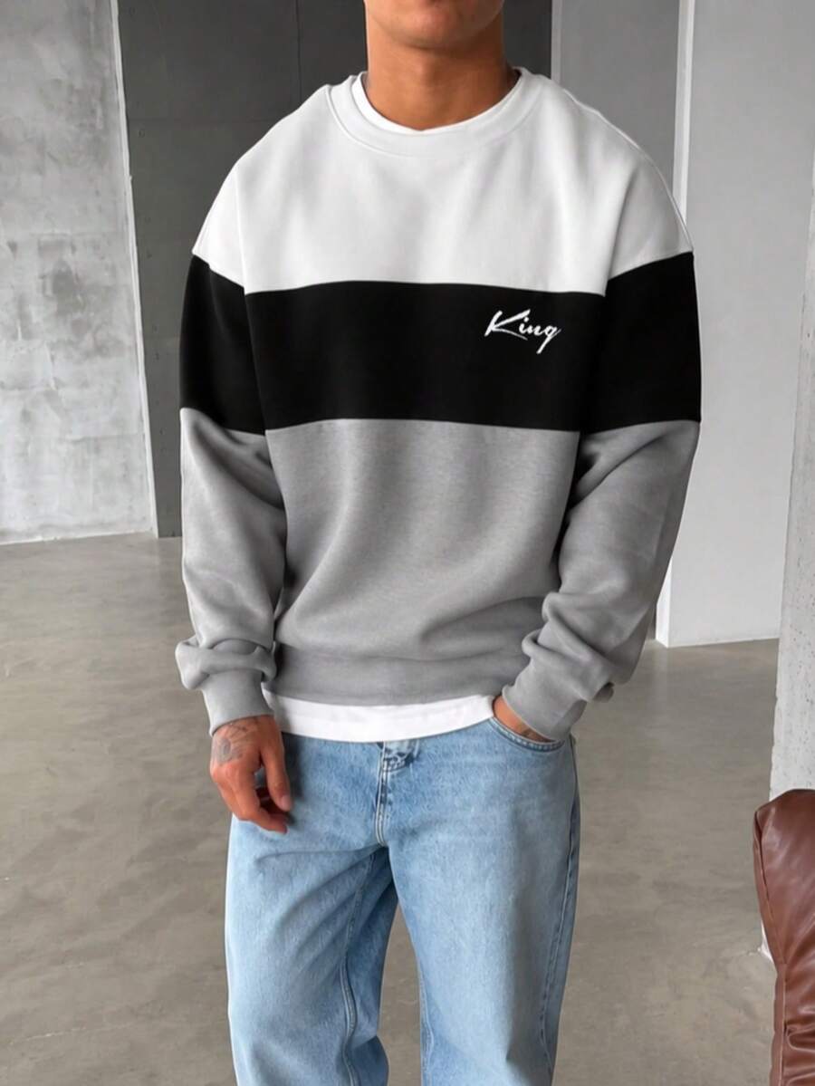 YUNCHIC American Minimalist Three-Color Patchwork Men's Crew Neck Sweatshirt, Casual Commute Versatile Spring/Autumn Pullover - Multicolor - View 1