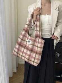 秋冬款粉色格紋毛絨托特包，復古羊毛大容量通勤女款單肩托特包 - 粉色 - 查看 9