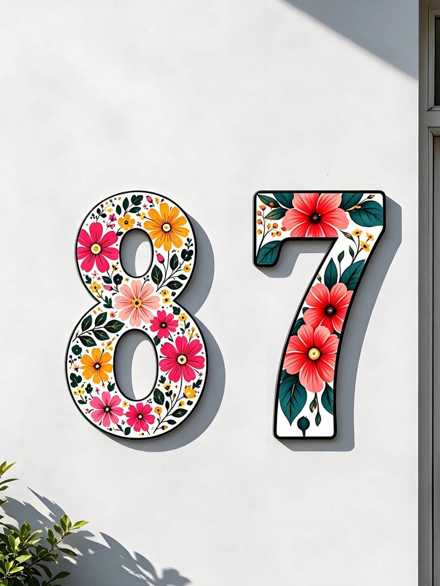 2D Flat 0-9 Number Floral Pattern Acrylic Door Number Sign, Colorful Address Plaque, Suitable For Residential And Villa Home Decor, Perfect Room Decoration - Multicolor - View 1