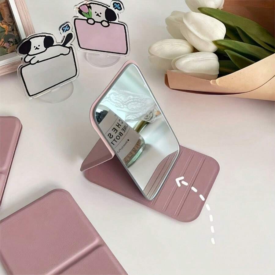 مرآة HD صغيرة قابلة للطي مع حامل PU قابل للتعديل وتصميم محمول باليد - مدمجة وخفيفة الوزن، مناسبة لسفر النساء والسكن الجامعي واستخدام المكياج على المكتب - سطح مرآة مصقول قابل للغسل باليد، تصميم إطار بلاستيكي، مناسب للاستخدام اليومي - متعدد الألوان - مشاهدة 1
