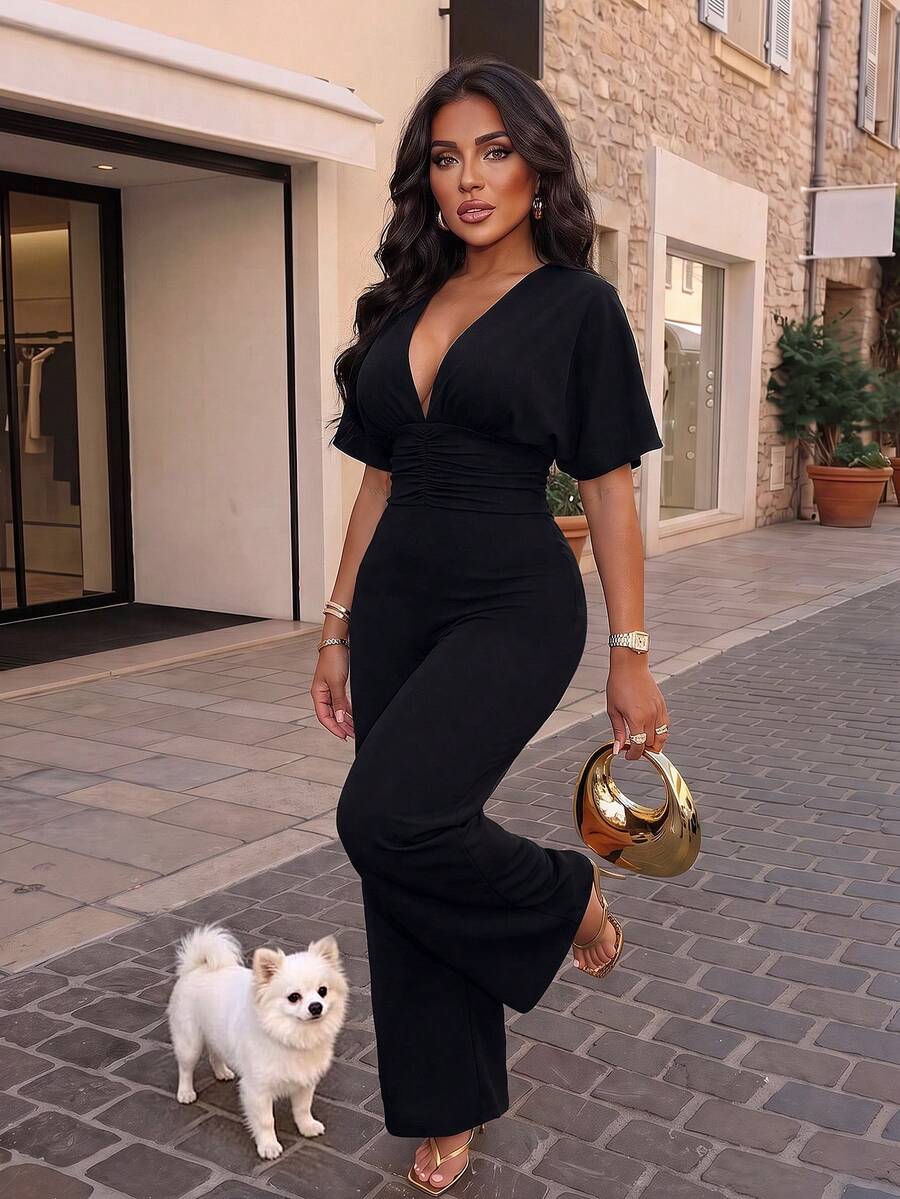AIJ Autumn Elegant Black Knit Long Jumpsuit, Deep V-Neck Short Sleeve, Ruched Pleated Detail On Chest Summer - Fixed Black - View 1