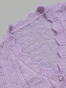 Cardigan Rajut Wanita Warna Ungu Muda, Tepi Bergelombang, Leher V, Tekstur Berongga, Kancing Mutiara, Lengan Panjang, Jaket Rajut, Musim Gugur - Mauve Purple - View 6
