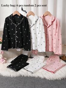Soft Girl Collar Long Sleeved Long Pants Home Set, 2 Pieces Set, Suitable For All Seasons, Sweet And Cute Bow Print, [3 Sets Randomly Sent 1 Set] - White - View 5