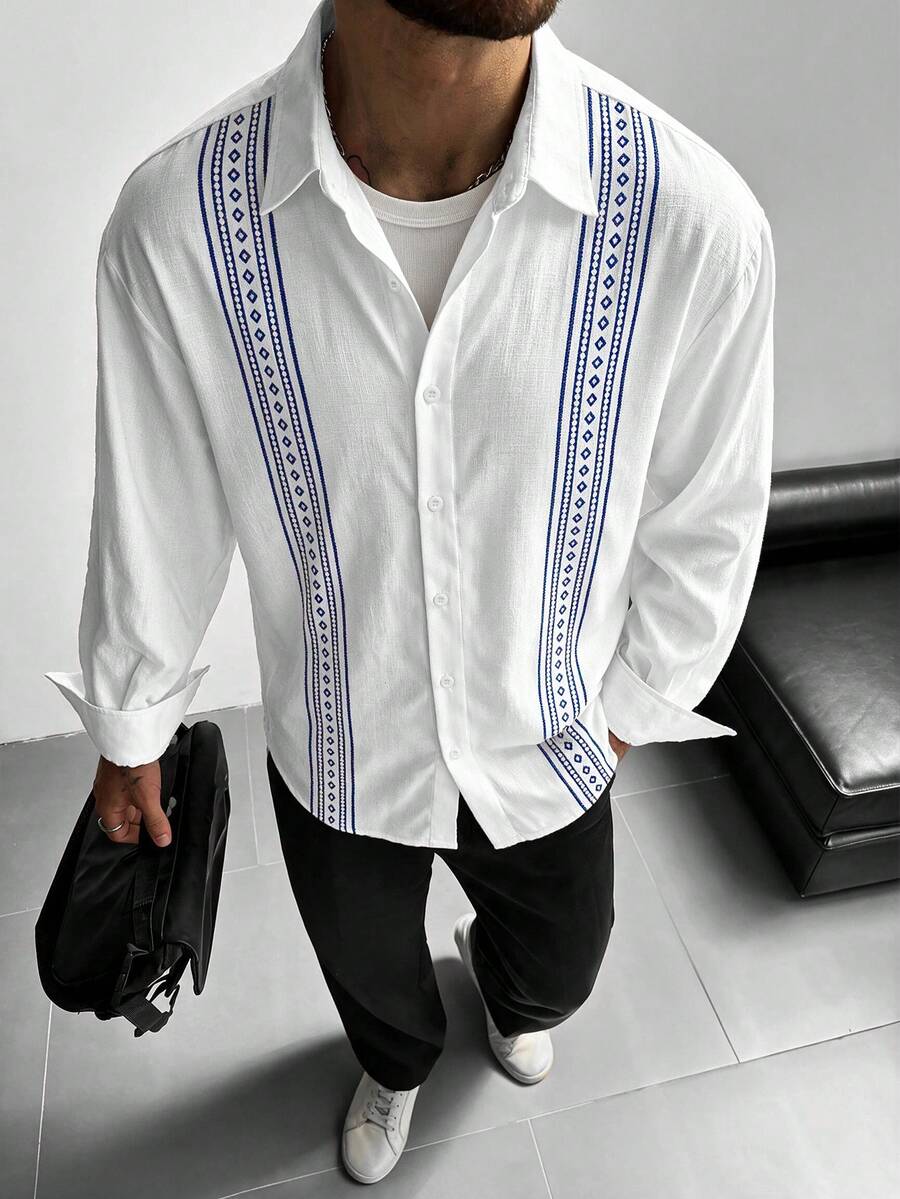 GloMan Old Money Style Men's White Base Blue Symmetrical Geometric Print Button Long Sleeve Shirt, Suitable For Autumn Business, Family Gatherings, Office Commute, Gift For Husband/Father - White - View 1