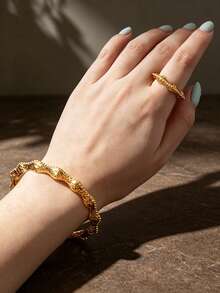 Letingsha Vintage Gold-Plated Hollow Fine Chain Lace Texture Gold Jewelry Set, Suitable For Party Bracelet And Ring Combination, Perfect For Engagement - Yellow Gold - View 2