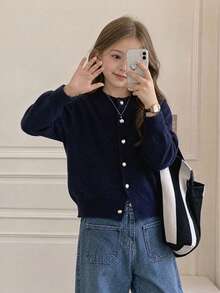 1pc Girls' Chunky Knit Round Neck Sweater, Loose Lantern Long Sleeve, Ribbed Cuffs, Soft All-Match Versatile Style - Blue - View 2