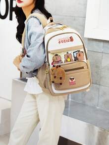 1pc Cute Capybara Colorblock Backpack, Lightweight Multi-Compartment Student School Bag, Can Hold Textbooks, Laptop And Umbrella, Suitable For Boys And Girls - Brown - View 7