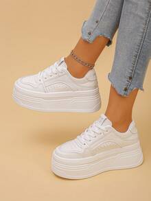 Women's Wedge Heel Thick Sole Casual Sneakers, All Season - White - View 3
