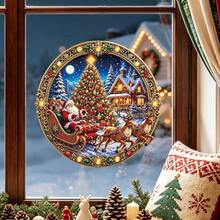 1pc Vintage Round Santa Claus Reindeer Sleigh Static Window Sticker, Christmas Tree Snow Scene Window Decoration Sticker, Christmas Decor, Glass Window Sticker, Christmas Gift - Multicolor - View 5