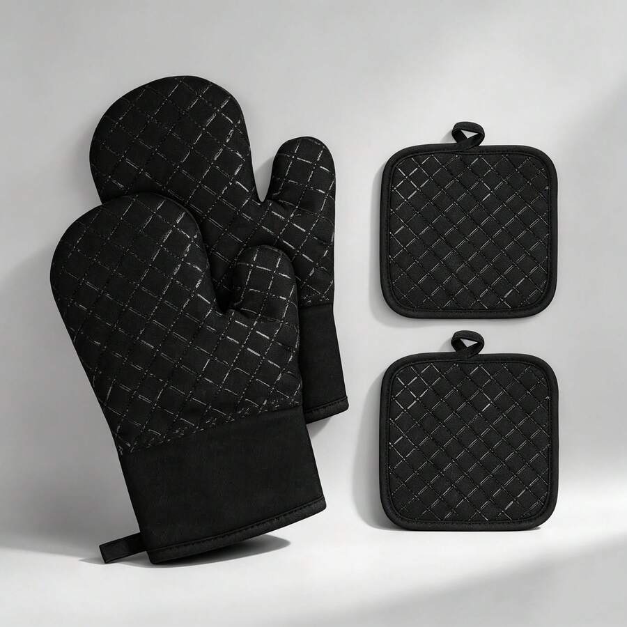 1 Pair Of Oven Mitts, Including 2 Pot Holders, Heat Resistant - View 1