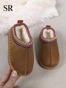 1 Pair Children's Winter Thick Warm Home Slippers, Embroidered Fashion Slippers, Daily Home Versatile Casual Shoes - Brown - View 4
