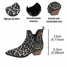 Women's Ankle Chelsea Boots, Pointed Toe Elastic Band Slip-On Low Heel, Versatile Daily Wear Autumn/Winter Shoes - Leopard Print Black - View 2