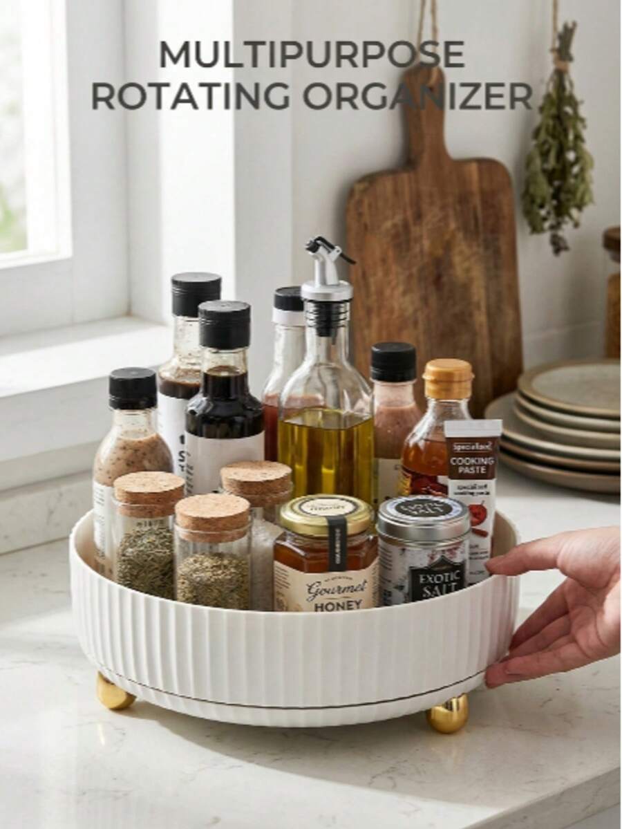 1pc 360° Rotatable Large Capacity Multi-Functional Storage Box, Plastic Storage Tray With Gold Legs, Simple And Elegant, Suitable For Bathroom, Kitchen, Office, Living Room, Vanity, Space-Saving, Modern Decor Centerpiece, Rounded Edges, Beautiful And Practical - Multicolor - View 1