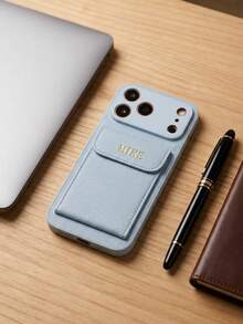 Customized Name Gold Foil Initial Lychee Texture PU Leather Wallet Phone Case, Compatible With IPhone 13 14 15 16 17 18 Pro Max Plus Air, Card Slot, Full Camera Protection, Anti-Scratch Anti-Shock Protective Shell, Fashion Commute Office Travel Accessory, Unisex Personalized Gift - Baby Blue - View 3