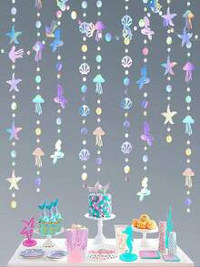 4M Rainbow Theme Birthday Party, Bachelorette Party, And Underwater Theme Party Decorations, Featuring Colorful Mermaid Garland With Jellyfish, Shells, Starfish And Pearls, Suitable For Birthday Party And Home Decor - Other - View 4