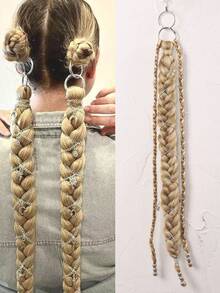 1pc Long Braided Ponytail Hair Hoop Hair Accessory, Straight Synthetic Fiber Braided Hair With Metal Ring, Braided Hair Extension, Suitable For Daily Wear And Party, Fits All Hair Types, Instantly Adds Volume And Length, Halloween - Multicolor - View 2