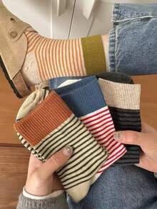 6 Pairs Of Random Women's Casual Striped Calf Socks In Multiple Colors, Retro Colored Long Socks For Comfort, Breathability, And Softness - Multicolor - View 4