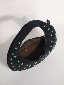 Black PU Tie-Dye Vintage Crescent Moon Underarm Bag, Personalized Rivet Turquoise Inlaid Embellished Shoulder Bag, Shopping Bag (Mottled Marks Are Tie-Dye Craft, Not Defects) - Black - View 8
