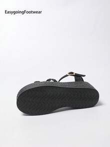 Women's Plus Size Woven Open Toe Wedge Sandals, Thick Sole Non-Slip Versatile Casual Shoes For Summer - Black - View 7