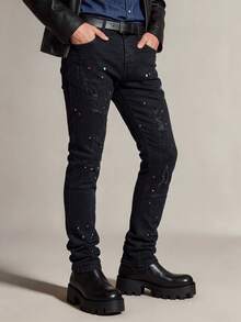 Men's Splatter Distressed Slim Fit Stretch Denim Jeans, Pure Black Base With Asymmetrical Colorful Paint Splatter, Frayed Ripped Details Classic Five-Pocket Streetwear Jeans - Black - View 2