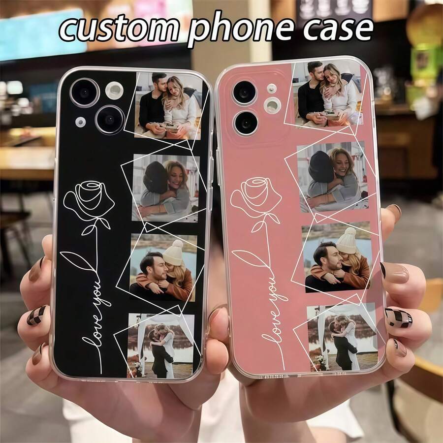 Pastel Pink Glitter Mist White Glossy Flower Small Butterfly Black Border Custom Personalized Cursive Name Phone Case, Custom Unique Pink Hand Letter Soft Fairy Aesthetic Shockproof Protective Cover For All Mobile Models - Clear - View 1