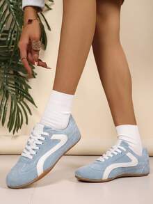 Light Blue Vintage Style Flat Sneakers, Women's Casual Lace-Up Front Shoes - Light Blue - View 4