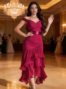 Vestidos de fiesta elegantes mujer nueva colección europea color liso dulce cintura alta ajustada hombro asimétrico fruncido falda irregular con volantes vestidos elegantes largos - Rosa Fucsia - Ver 4