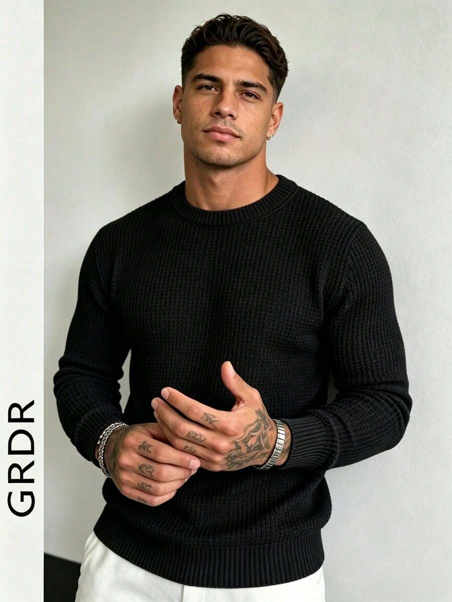 Men's Casual Jacquard Crew Neck Long Sleeve Sweater - Black - View 1