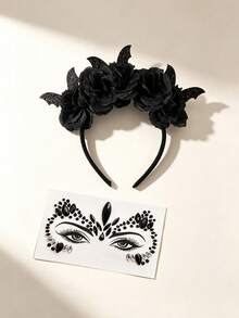 2PCS Halloween Party Headband Set - Includes Flower & Bat Decorated Headbands, Black Rhinestone Stickers - Multicolor - View 2