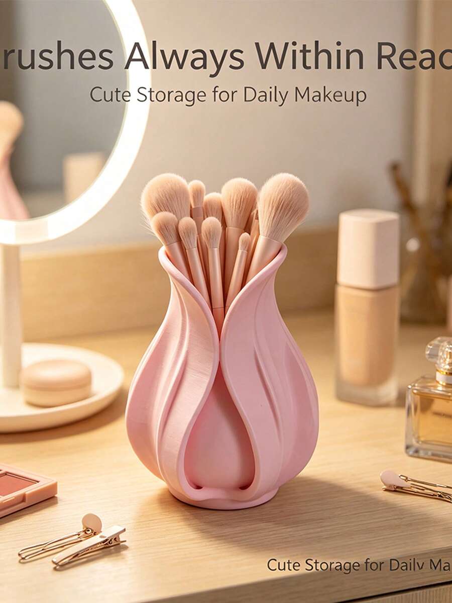 1pc Pink Tulip Flower Makeup Brush Holder, 3D Textured Cosmetic Organizer, Desktop Vanity Storage Container For Makeup Tools, Eyebrow Pencils, Lipsticks, INS Cream Style Room Decor For Bathroom Bedroom Entryway, Ideal Gift For Women - View 1