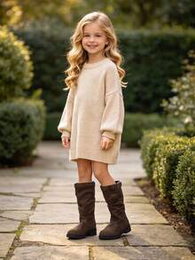 1 Pair Girls' Ruched Fabric High-Top Boots, Round Toe, Side Buckle, Chunky Low Heel, Vintage Slouch Boots, Suitable For Campus, Daily Wear, Outdoor Outings - Brown - View 3