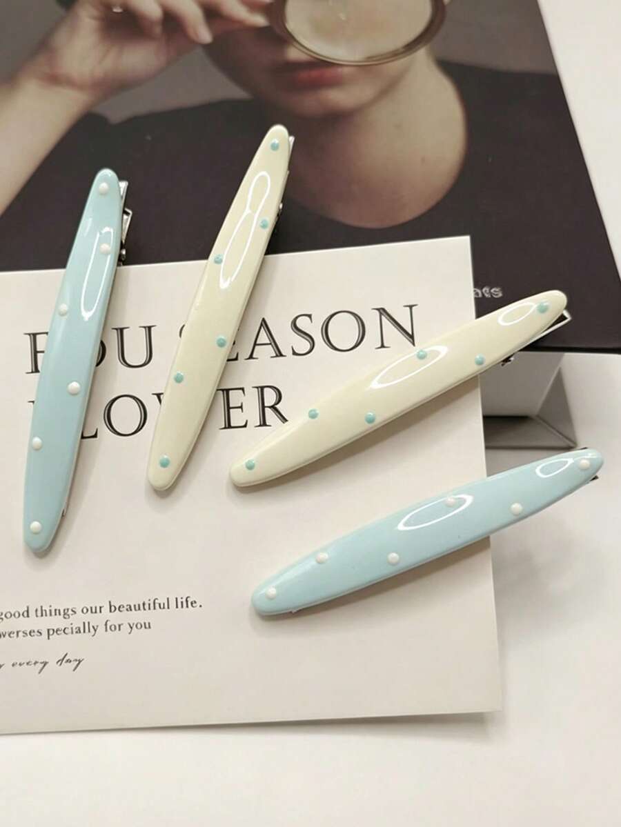4pcs Blue & White Polka Dot Cream Hair Clips, Korean Style Sweet Alligator Hair Clips, Fashion Side Clips, Elegant Fringe Clips, Versatile Hair Accessories Suitable For Various Occasions, Outings, Beach Trips - Multicolor - View 1