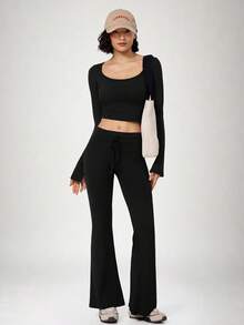 NcmRyu Women's One Set Autumn/Winter Solid Color Short Long Sleeve Drawstring Waist Flare Pants Sports Outfit - Black - View 6