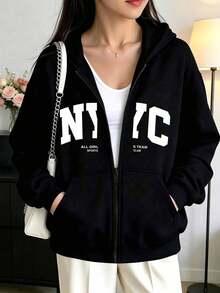Unisex Plus Size Teen Hoodie Zip-Up Sweatshirt + Casual Shorts 2-Piece Set, Simple Graphic Print, Autumn/Winter Outfit, Comfortable Skin-Friendly Top - Black - View 3