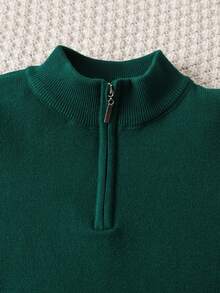 Boys' Academy Style Colorblock Striped Half-Zip Stand Collar Pullover Sweater, Suitable For School, Spring, Autumn, Winter - Green - View 3