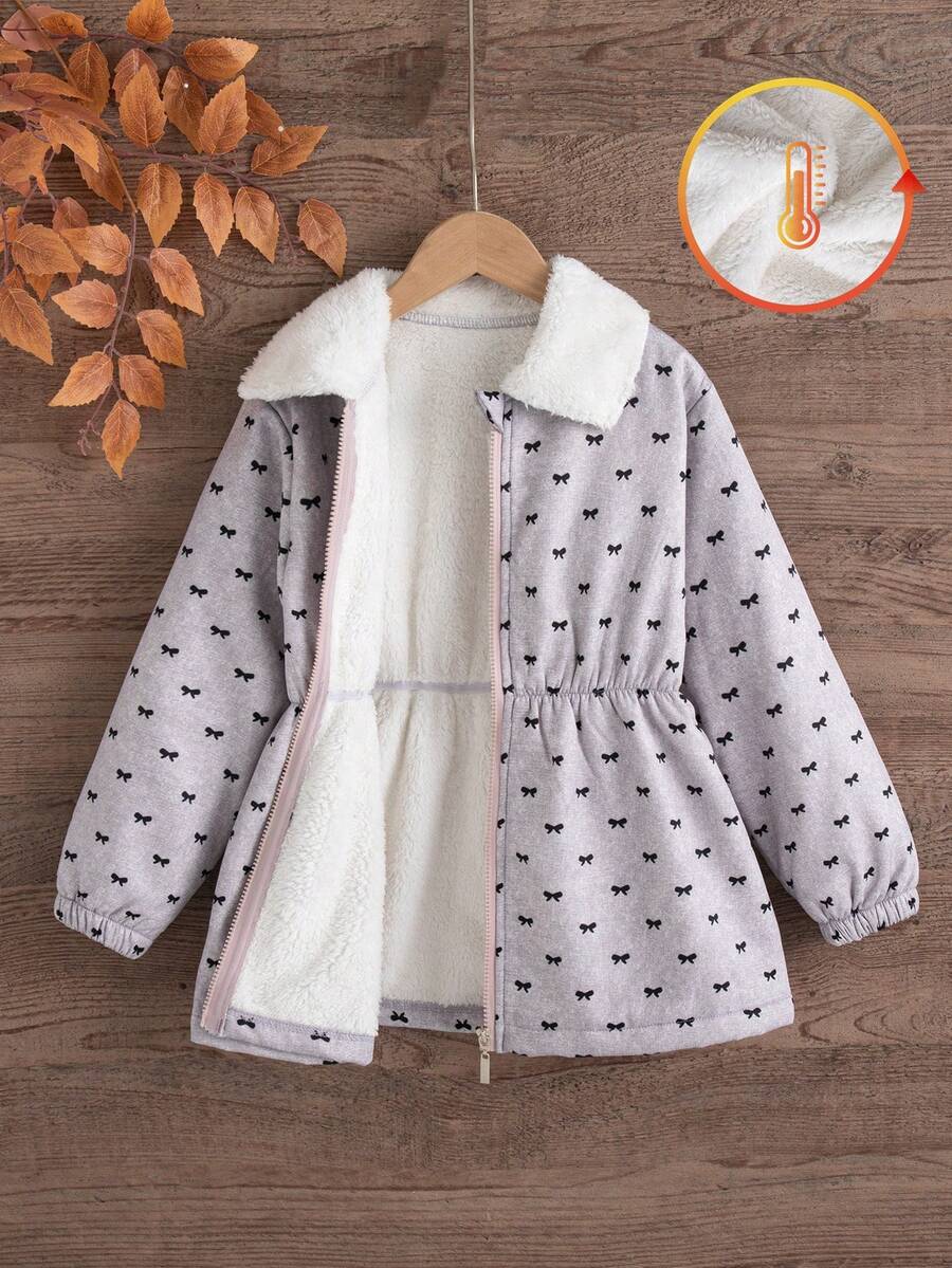 Girls' Casual Fashion All-Over Bowknot Pattern Thermal-Lined Zip-Up Jacket With Turn-Down Collar And Cinching Waist, Mid-Length, Autumn/Winter - Grey - View 1