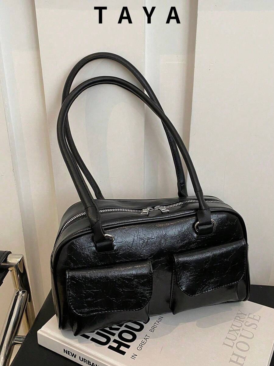 1pc Minimalist Retro Zipper Tote Bag, Decorated With Pockets, Dual Handles, Suitable For Women's Casual Daily Commute
