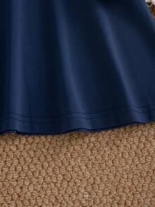 Baby Girl Autumn/Winter Versatile Simple Cute Preppy Style Polo Collar Royal Blue Pink Bow Embroidery Pattern Long Sleeve Dress - Royal Blue - View 5