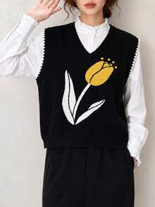 Women's Autumn/Winter Artistic Floral Pattern V-Neck Pullover Sweater Vest - Black - View 3