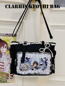 蕾絲飾邊珍珠吊飾托特包，正面透明展示窗，可收納各種個人物品，拉鍊開合，甜美動漫風斜背 Ita 包，可調式肩帶，可展示徽章與周邊商品，適合動漫展與日常通勤，滿足愛好者穿搭需求 - 黑色 - 查看 8