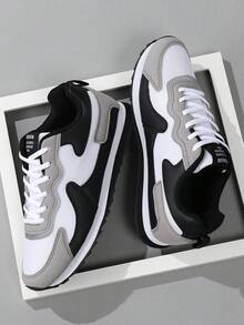 Men's Retro Low-Top Sneakers, Mesh And Synthetic Leather Patchwork, Lace-Up Closure, Suitable For Daily Walking, Commuting, Casual Wear - Black and White - View 6