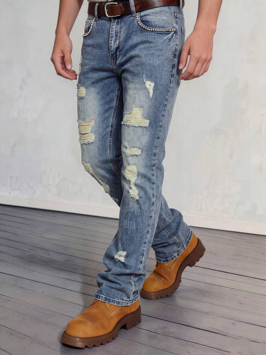 Men's Light Blue Vintage Washed Stretch Denim Jeans, Multi-Layer Distressed Ripped Design, Pearl Trim Decorated Pockets, Gradient Whiskered Faded Denim Pants (Belt Not Included) - Blue - View 1