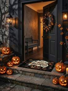 1PC Black Background Orange Yellow Full Moon Pumpkin Lantern Bat Pattern Entryway Doormat, Vintage Halloween Style Crystal Velvet Rectangular Spider Web Street Light Detail Machine Washable Doormat, Suitable For Halloween Party Entrance Garden Decor - Multicolor - View 6